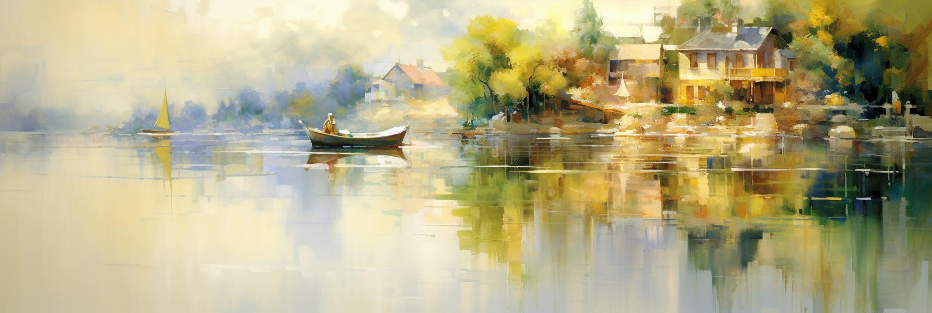 A painting of a rowboat on a still harbor at morning, with houses among yellow-green trees